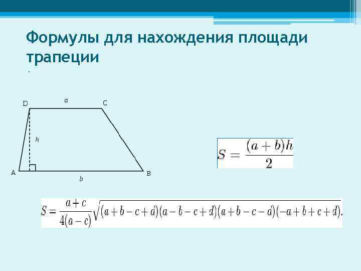 Формулы для нахождения площади трапеции. 