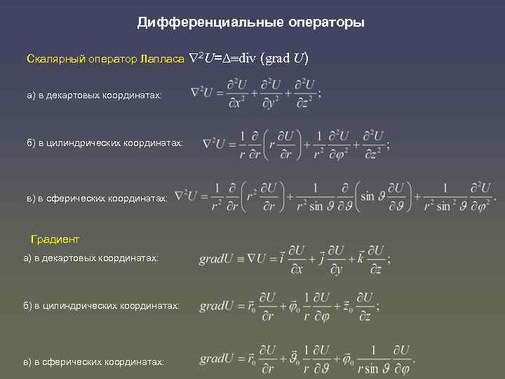 Координаты градиента. Оператор Лапласа в сферических координатах. Оператор Лапласа в цилиндрической системе координат. Лапласиан в цилиндрической системе координат. Оператор Набла в цилиндрических координатах.