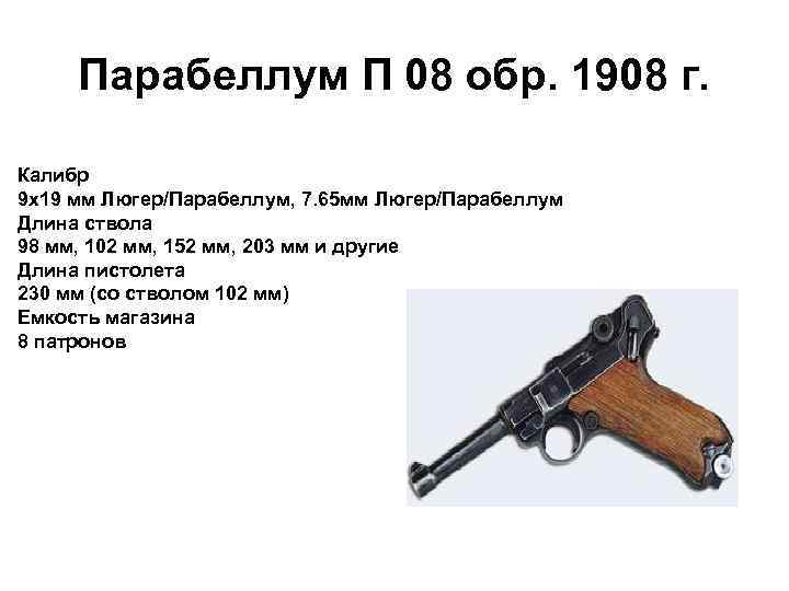 Парабеллум П 08 обр. 1908 г. Калибр 9 х19 мм Люгер/Парабеллум, 7. 65 мм