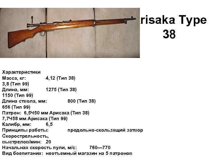 Arisaka Type 38 Характеристики Масса, кг: 4, 12 (Тип 38) 3, 8 (Тип 99)
