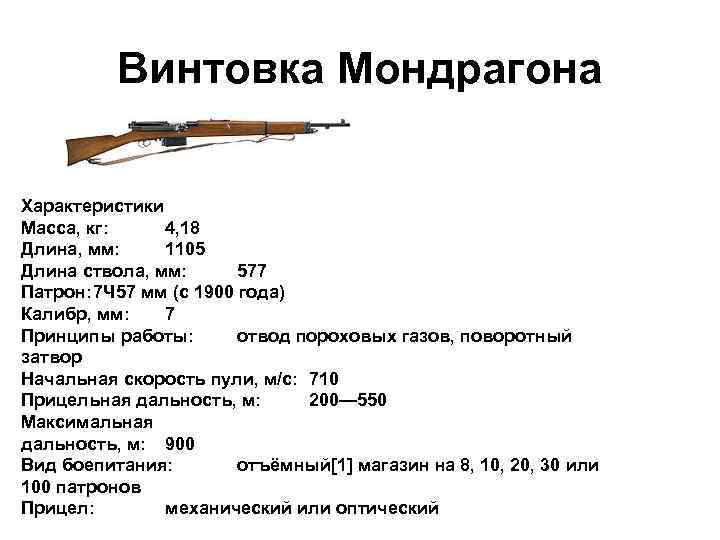 Винтовка Мондрагона Характеристики Масса, кг: 4, 18 Длина, мм: 1105 Длина ствола, мм: 577