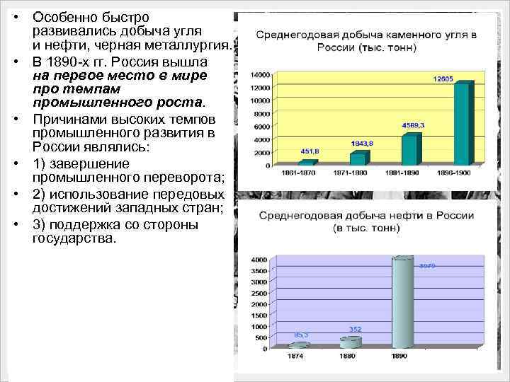  • Особенно быстро развивались добыча угля и нефти, черная металлургия. • В 1890