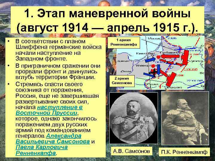 1. Этап маневренной войны (август 1914 — апрель 1915 г. ). • В соответствии