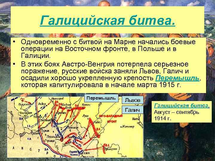 Галицийская битва. • Одновременно с битвой на Марне начались боевые операции на Восточном фронте,