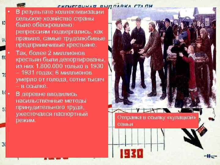  • В результате коллективизации сельское хозяйство страны было обескровлено: репрессиям подвергались, как правило,