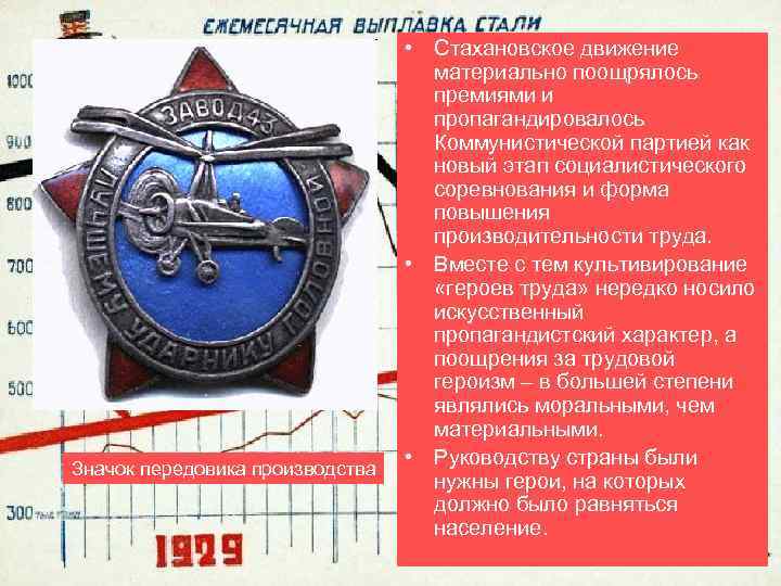 Значок передовика производства • Стахановское движение материально поощрялось премиями и пропагандировалось Коммунистической партией как