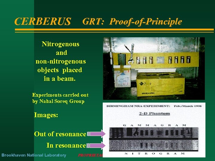 CERBERUS GRT: Proof-of-Principle Nitrogenous and non-nitrogenous objects placed in a beam. Experiments carried out