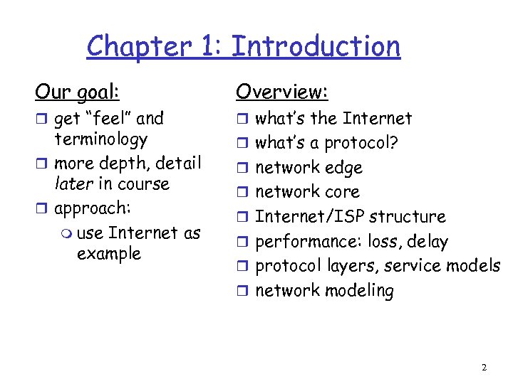 Chapter 1: Introduction Our goal: Overview: r get “feel” and r what’s the Internet