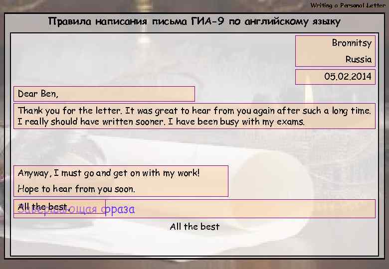 Writing a Personal Letter Правила написания письма ГИА-9 по английскому языку Bronnitsy Russia 05.