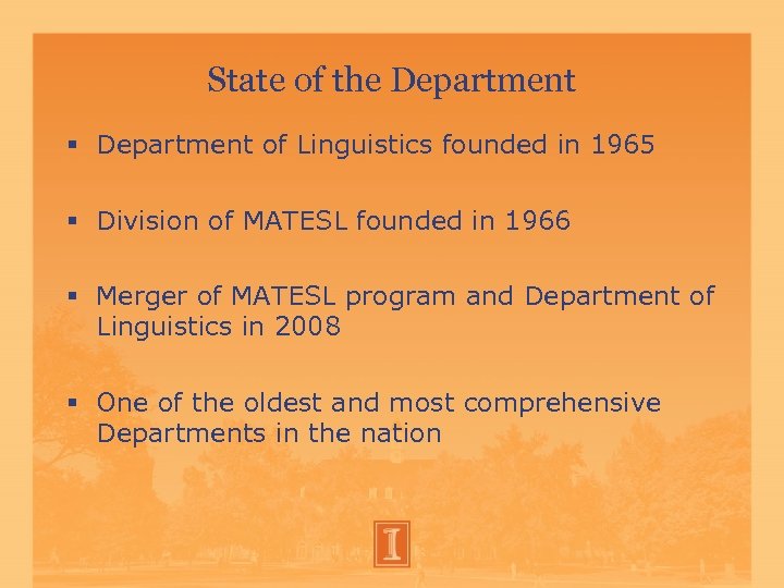 State of the Department of Linguistics founded in 1965 Division of MATESL founded in