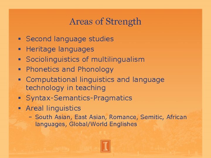 Areas of Strength Second language studies Heritage languages Sociolinguistics of multilingualism Phonetics and Phonology