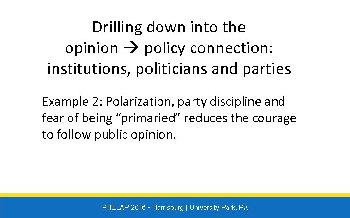 Drilling down into the opinion policy connection: institutions, politicians and parties Example 2: Polarization,