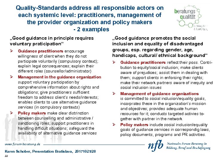 Quality-Standards address all responsible actors on each systemic level: practitioners, management of the provider