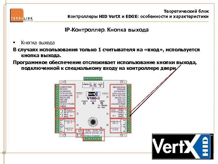 Теоретический блок Контроллеры HID Vert. X и EDGE: особенности и характеристики IP-Контроллер. Кнопка выхода