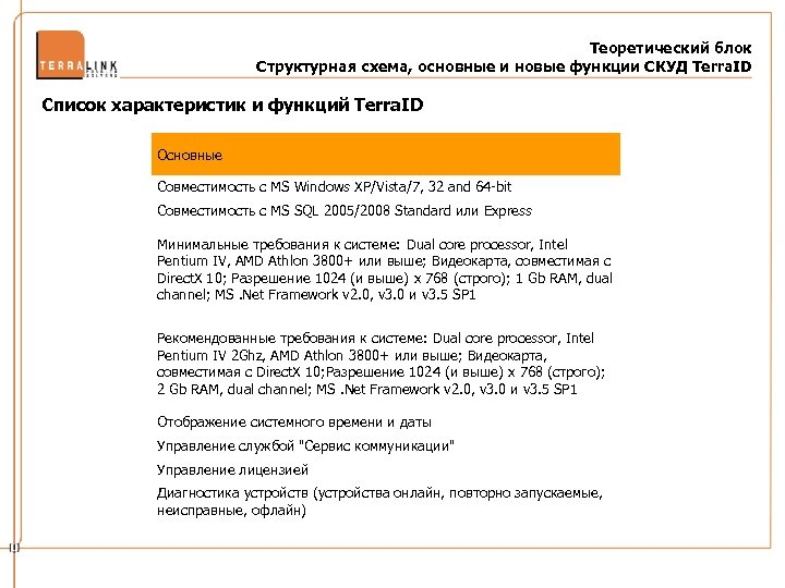 Теоретический блок Структурная схема, основные и новые функции СКУД Terra. ID Список характеристик и