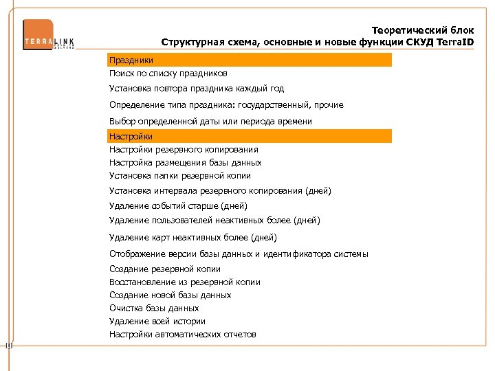 Теоретический блок Структурная схема, основные и новые функции СКУД Terra. ID Праздники Поиск по