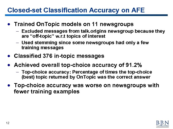 Closed-set Classification Accuracy on AFE · Trained On. Topic models on 11 newsgroups –