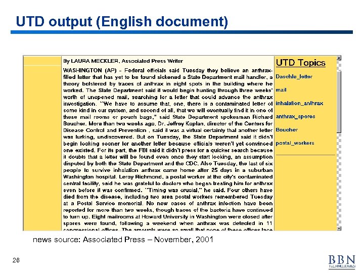 UTD output (English document) news source: Associated Press – November, 2001 26 