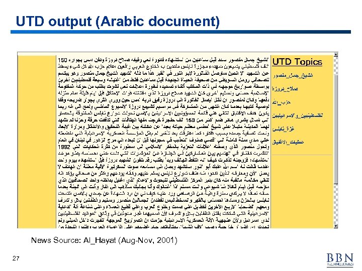 UTD output (Arabic document) News Source: Al_Hayat (Aug-Nov, 2001) 27 