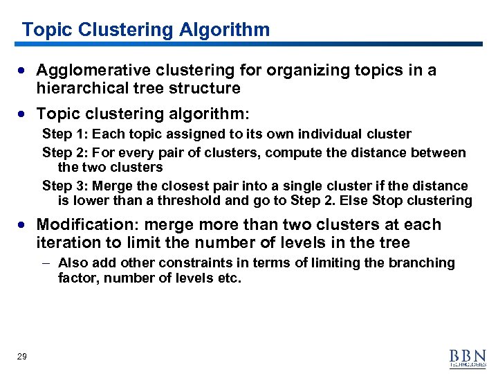 Topic Clustering Algorithm · Agglomerative clustering for organizing topics in a hierarchical tree structure