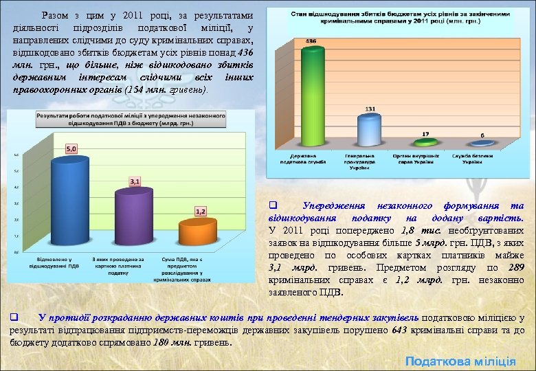 Разом з цим у 2011 році, за результатами діяльності підрозділів податкової міліції, у направлених