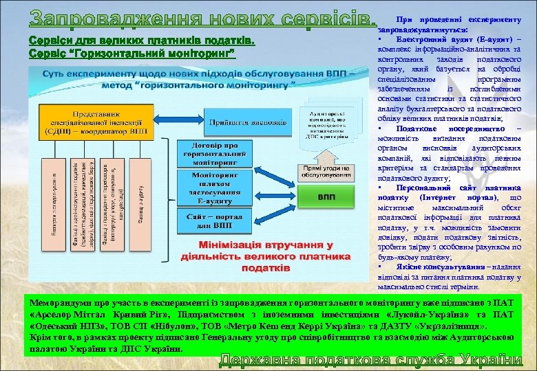 Сервіси для великих платників податків. Сервіс “Горизонтальний моніторинг” При проведенні експерименту запроваджуватимуться: • Електронний