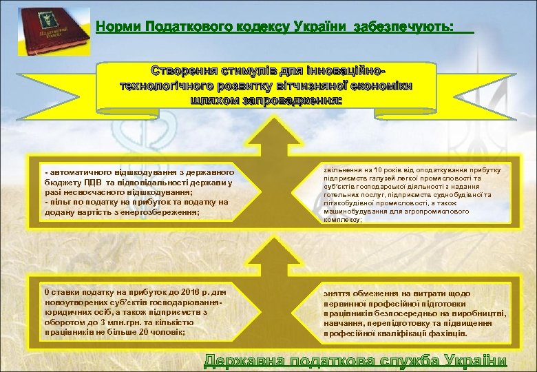 Норми Податкового кодексу України забезпечують: Створення стимулів для інноваційнотехнологічного розвитку вітчизняної економіки шляхом запровадження: