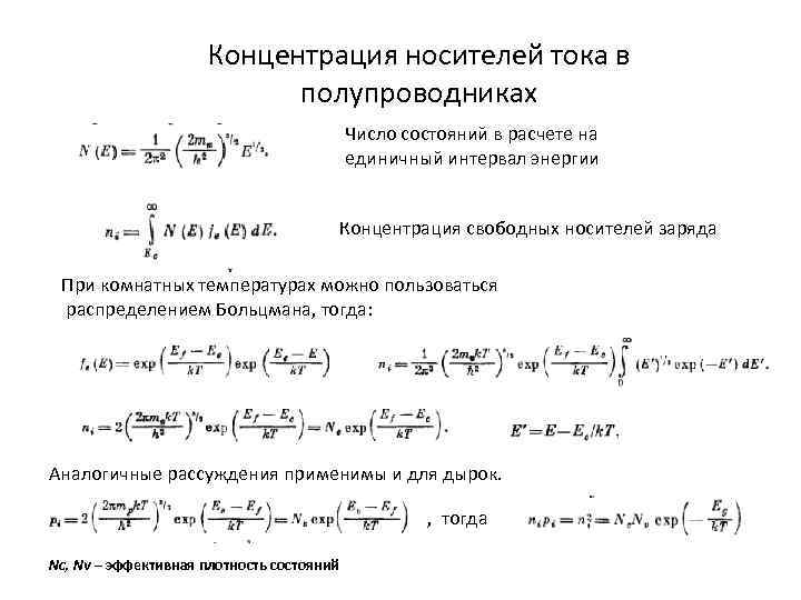 Концентрация носителей тока в полупроводниках Число состояний в расчете на единичный интервал энергии Концентрация