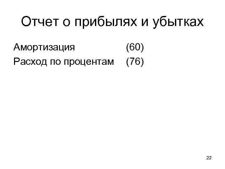 Отчет о прибылях и убытках Амортизация Расход по процентам (60) (76) 22 