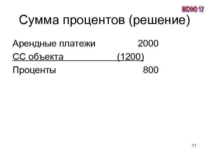 Сумма процентов (решение) Арендные платежи СС объекта Проценты 2000 (1200) 800 11 