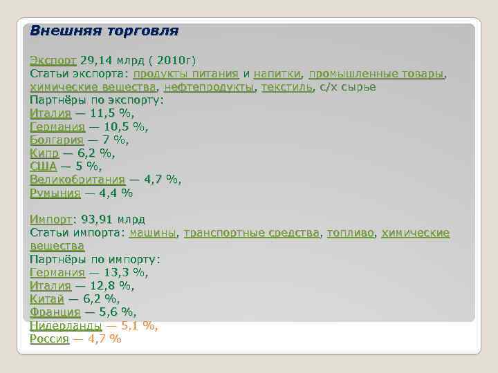 Внешняя торговля Экспорт 29, 14 млрд ( 2010 г) Статьи экспорта: продукты питания и