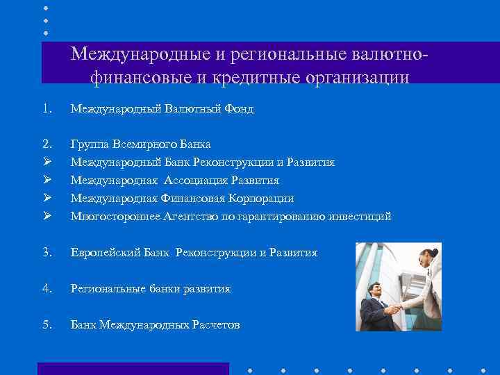 Международные и региональные валютнофинансовые и кредитные организации 1. Международный Валютный Фонд 2. Ø Ø