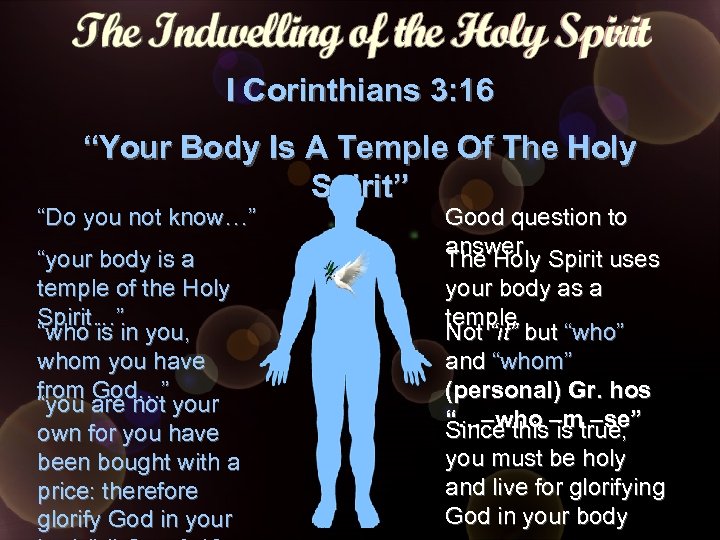 I Corinthians 3: 16 “Your Body Is A Temple Of The Holy Spirit” “Do