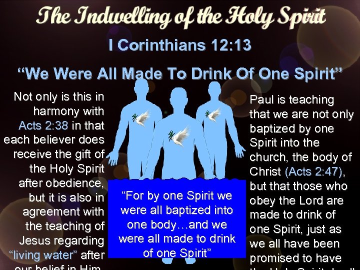 I Corinthians 12: 13 “We Were All Made To Drink Of One Spirit” Not