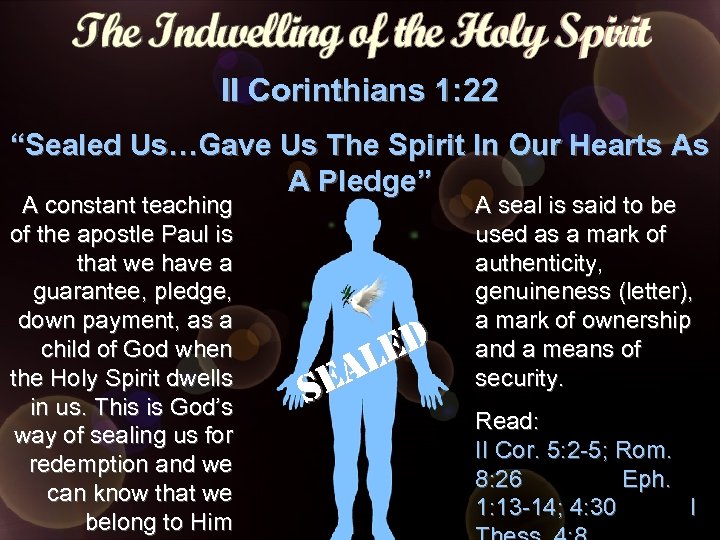 II Corinthians 1: 22 “Sealed Us…Gave Us The Spirit In Our Hearts As A