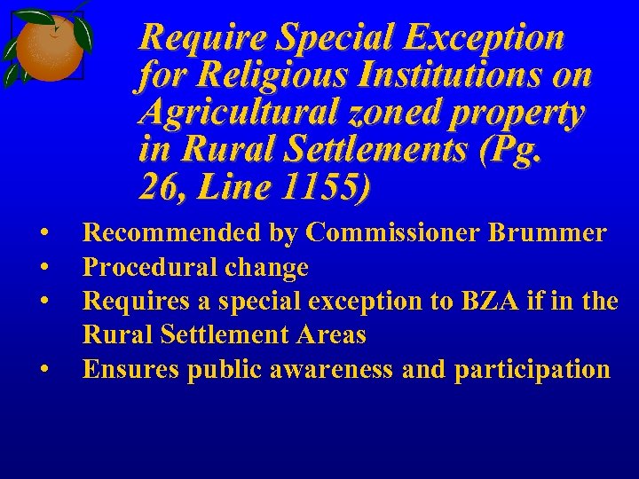 Require Special Exception for Religious Institutions on Agricultural zoned property in Rural Settlements (Pg.