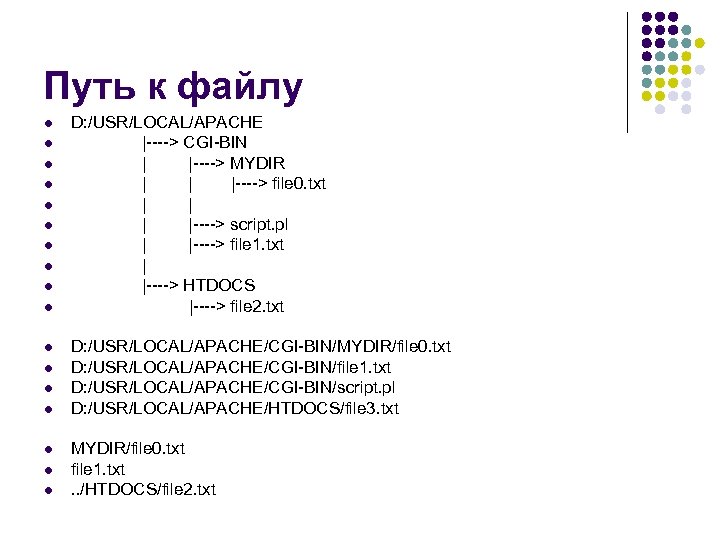 Путь к файлу l l l l l D: /USR/LOCAL/APACHE |----> CGI-BIN | |---->