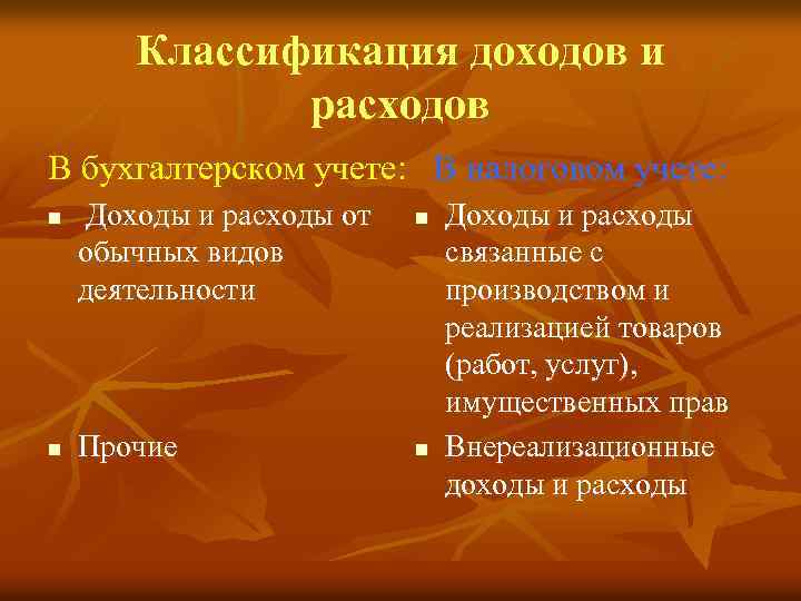 Классификация доходов и расходов В бухгалтерском учете: В налоговом учете: n n Доходы и