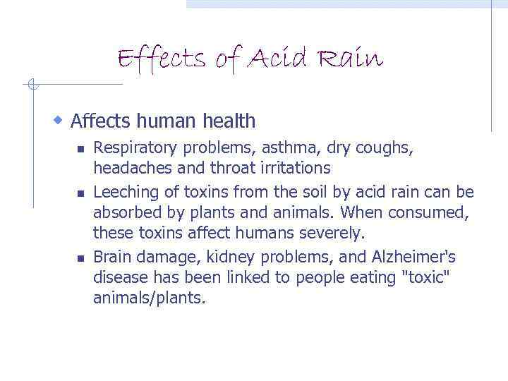 Effects of Acid Rain w Affects human health n n n Respiratory problems, asthma,