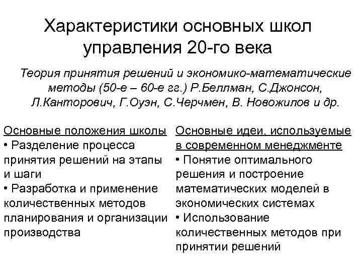 Характеристики основных школ управления 20 -го века Теория принятия решений и экономико-математические методы (50