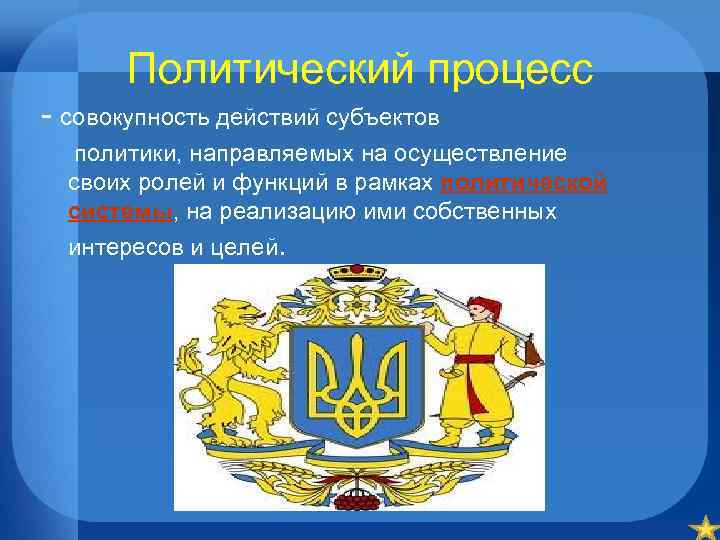 Политический процесс - совокупность действий субъектов политики, направляемых на осуществление своих ролей и функций