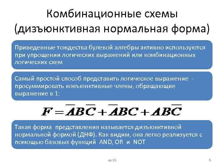 Комбинационные схемы (дизъюнктивная нормальная форма) Приведенные тождества булевой алгебры активно используются при упрощении логических