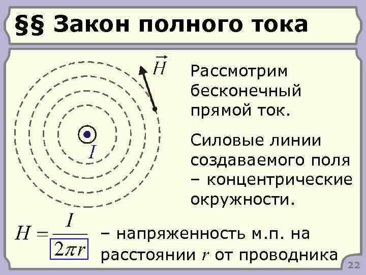§§ Закон полного тока Рассмотрим бесконечный прямой ток. Силовые линии создаваемого поля – концентрические