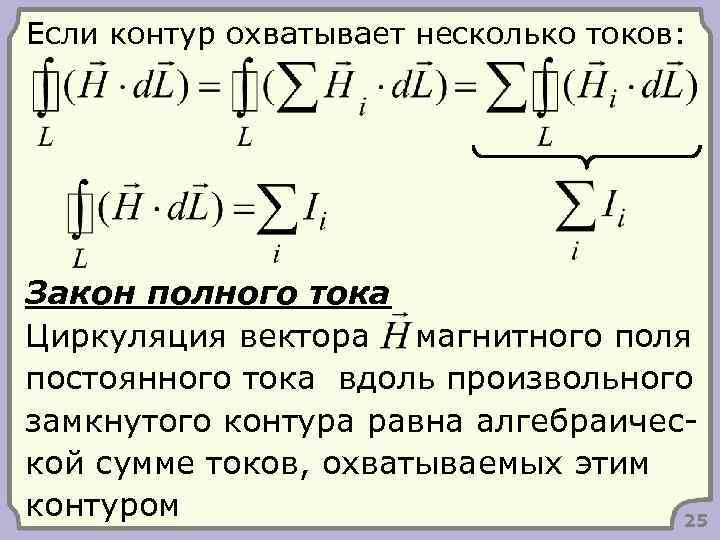 Если контур охватывает несколько токов: Закон полного тока Циркуляция вектора магнитного поля постоянного тока