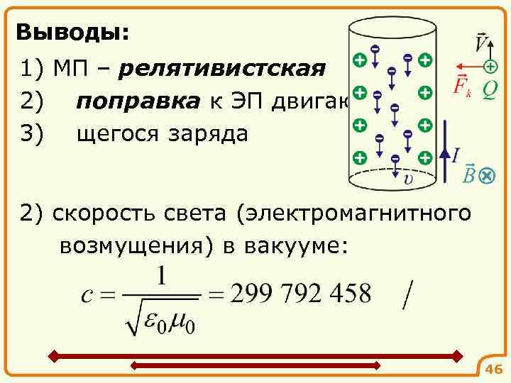 Выводы: 1) МП – релятивистская 2) поправка к ЭП двигаю3) щегося заряда 2) скорость
