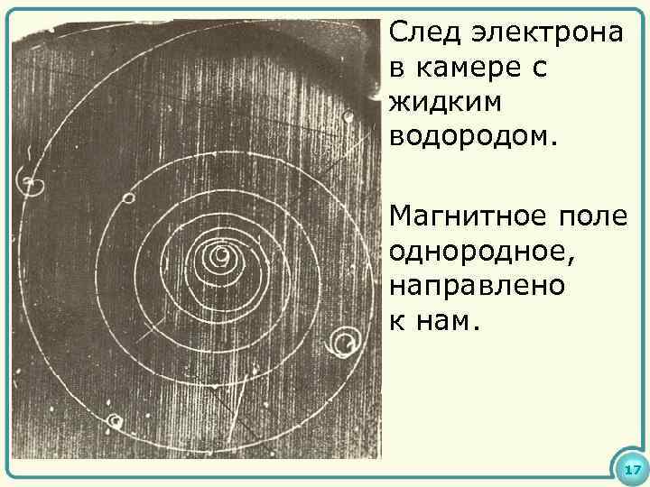 След электрона в камере с жидким водородом. Магнитное поле однородное, направлено к нам. 17