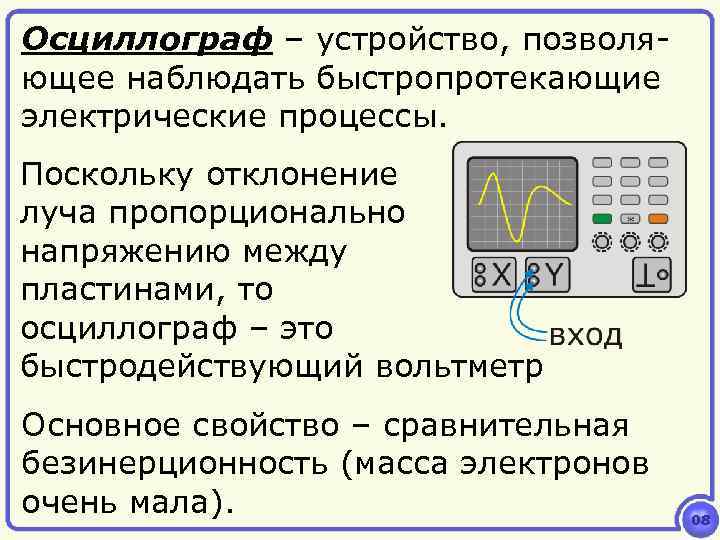 Осциллограф – устройство, позволяющее наблюдать быстропротекающие электрические процессы. Поскольку отклонение луча пропорционально напряжению между