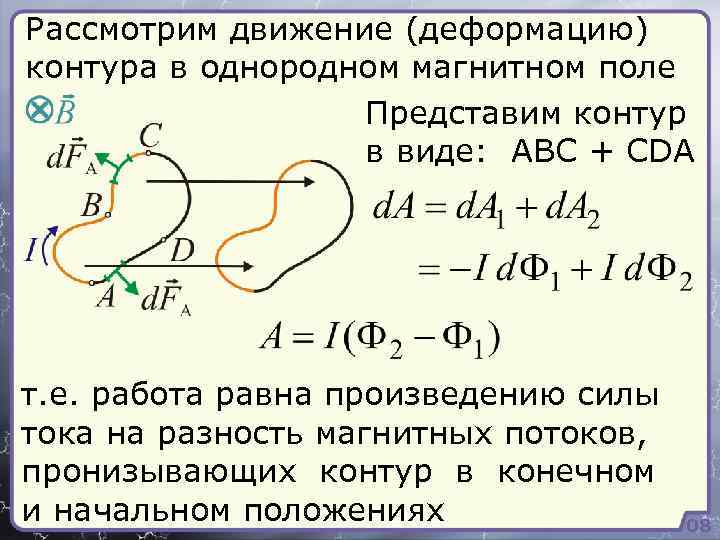 Рассмотрим движение (деформацию) контура в однородном магнитном поле Представим контур в виде: ABC +