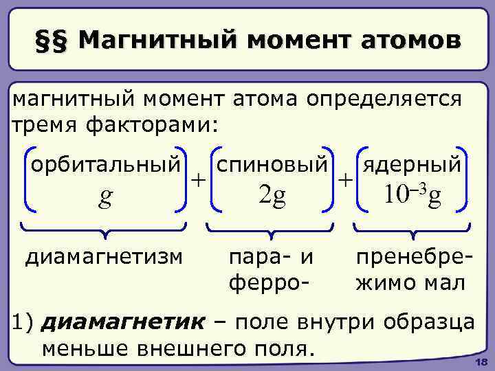 §§ Магнитный момент атомов магнитный момент атома определяется тремя факторами: орбитальный спиновый ядерный g