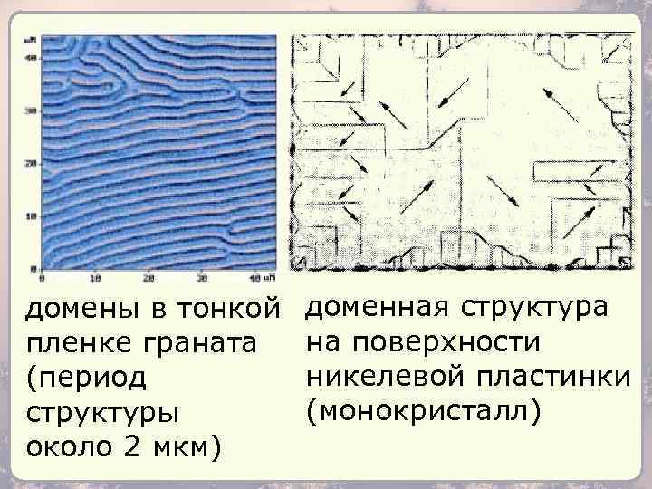 домены в тонкой пленке граната (период структуры около 2 мкм) доменная структура на поверхности